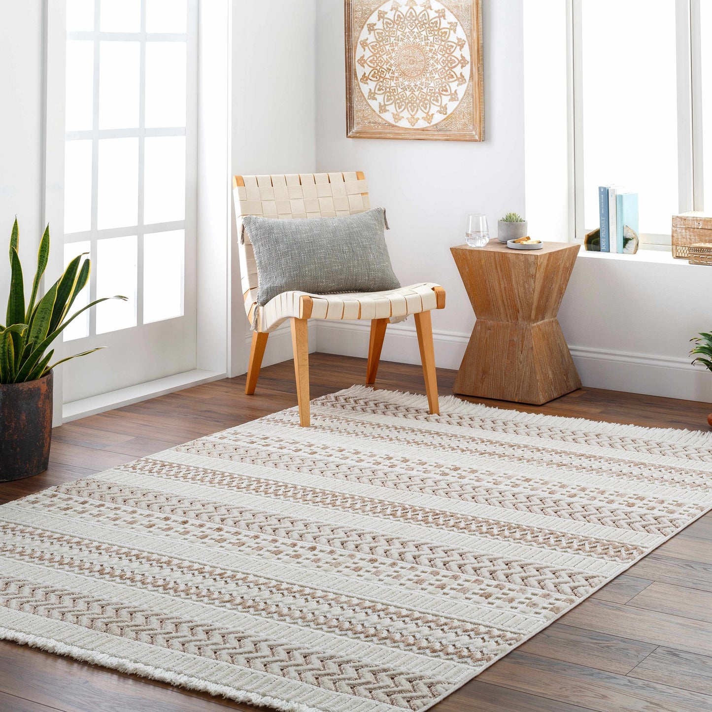 Eiko Beige Textured Saxony Rug with Fringes - Clearance-1