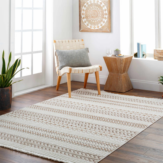 Eiko Beige Textured Saxony Rug with Fringes - Clearance-1