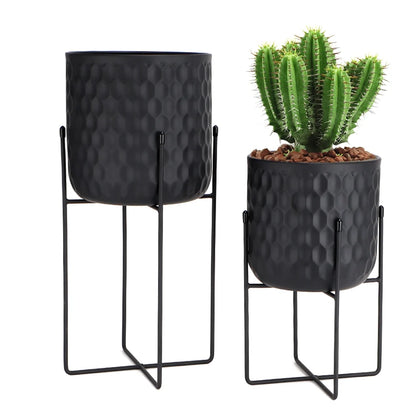 Set of 2 12"&18" H Tall Metal Flower Pot With Stand (Black)-4