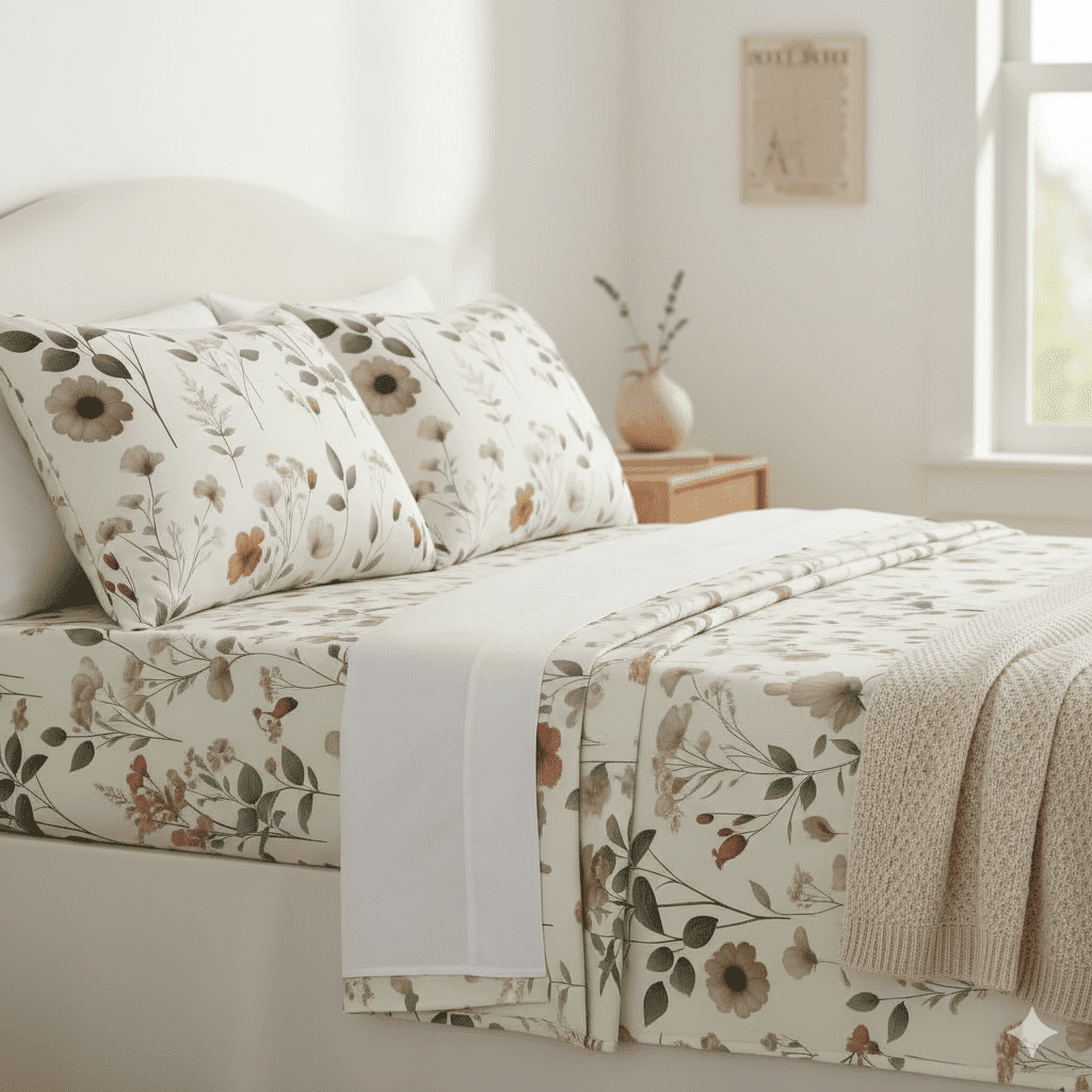DaDalogy Enchanted Meadow Bed Sheet Set - Floral Harmony in Beige, Rose, and Soft Green, Premium Soft Microfiber, Machine Washable, Deep Pocket 14 - 15 Inches + Flat Sheet-3