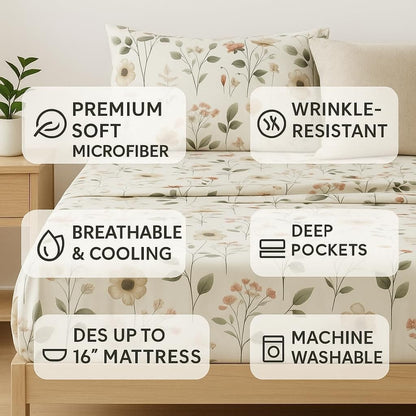 DaDalogy Enchanted Meadow Bed Sheet Set - Floral Harmony in Beige, Rose, and Soft Green, Premium Soft Microfiber, Machine Washable, Deep Pocket 14 - 15 Inches + Flat Sheet-2